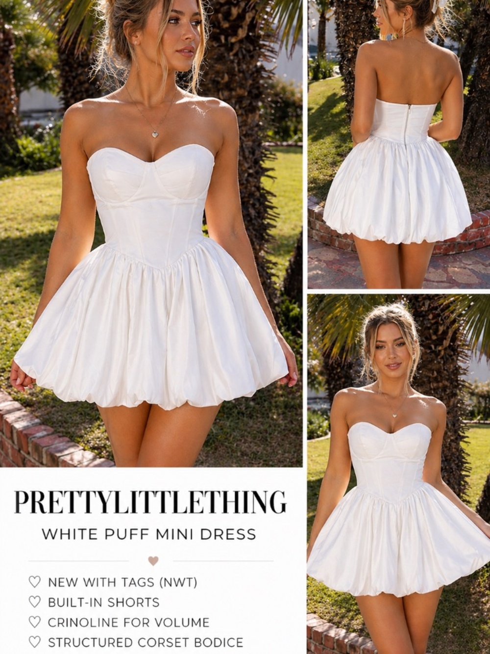 🤍 PrettyLittleThing White Puff Mini Dress – NWT – Built-In Shorts | Size US 10